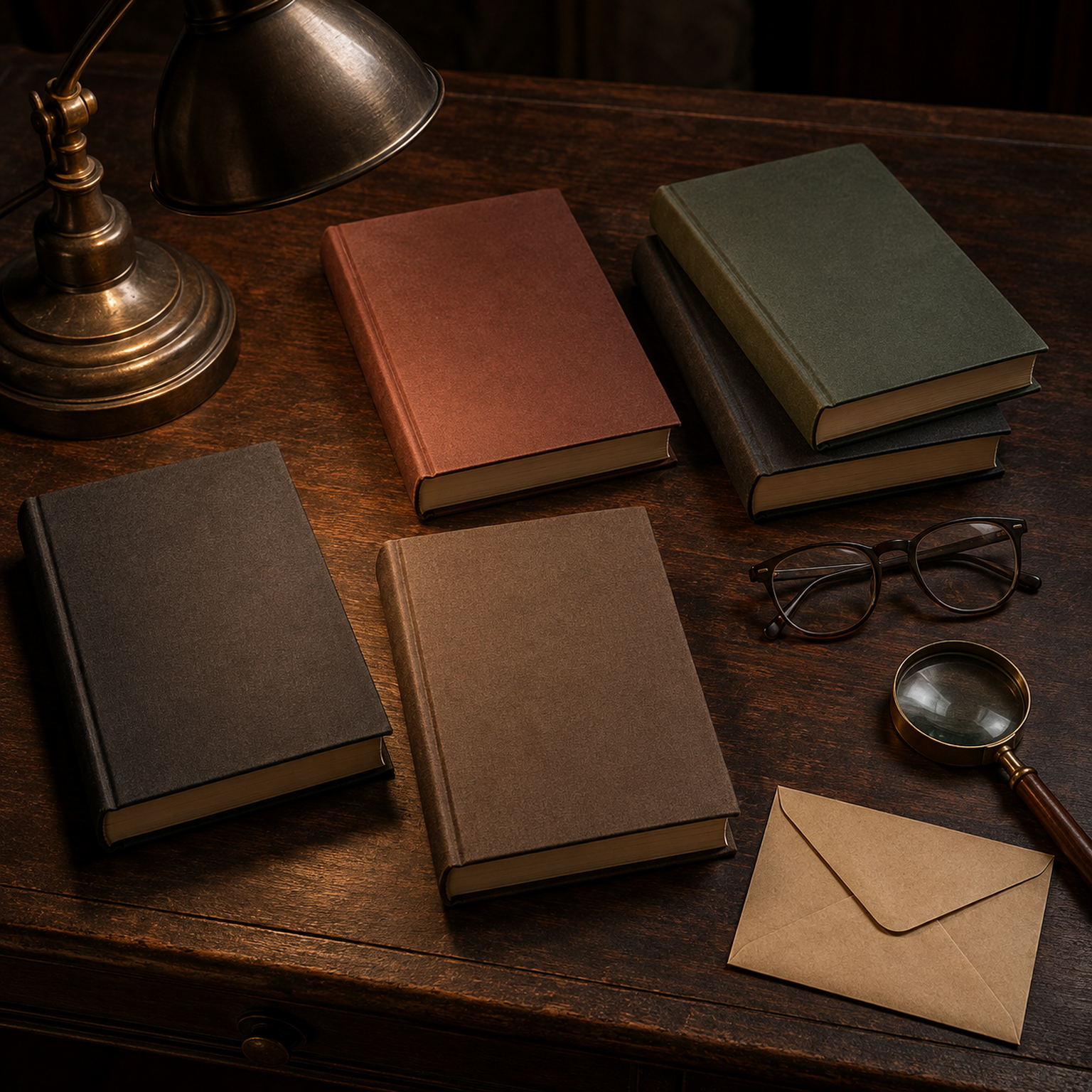 Пять детективных книг, лупа, очки и лампа